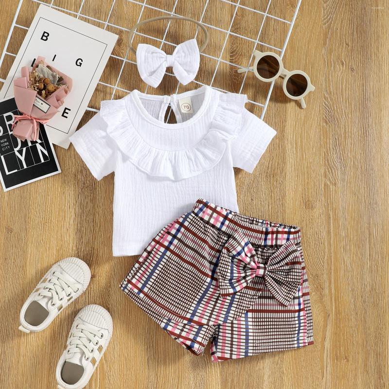 

Clothing Sets 3Pcs Fashion Summer Baby Girls Clothes Set Short Sleeve Solid Color Ruffles Tops Plaid Shorts Hairband Toddler Outfit, Picture shown