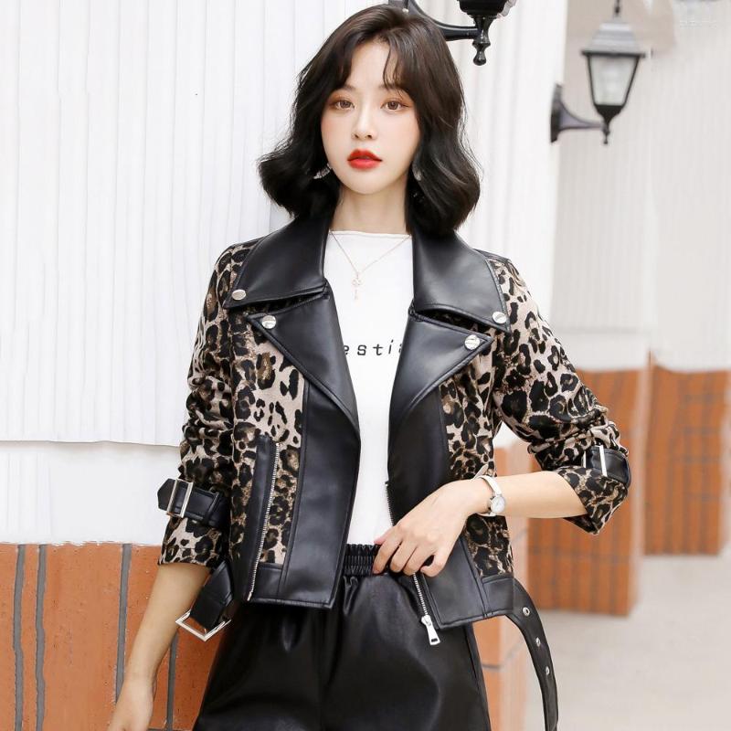 

Women's Leather Women Jacket Spring Autumn 2022 Classic Leopard Zipper Biker Coat Loose Short Sheepskin Female Outerwear