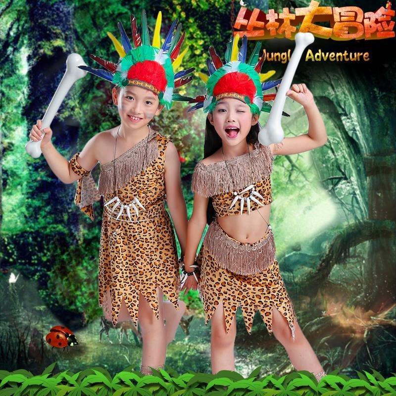 

Stage Wear Halloween Costume Adult Kids Savage Caveman Costumes Leopard African Tribal Clothes