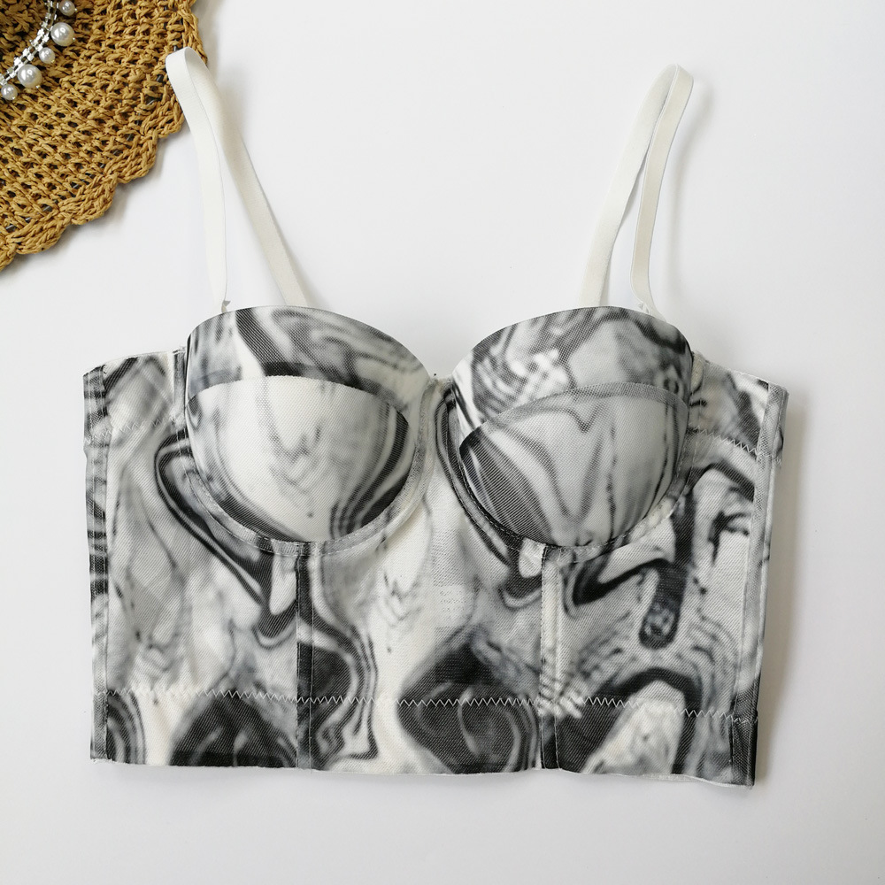 

Gradual print sling bra plus size female summer backless lace vest with chest pad ink painting tube top, Black