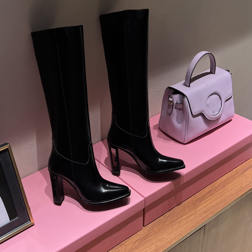 

Knee-length boots square heels Fashion tall boot F'end'ace almond toe genuine leather hight heel booties luxury designers women shoes factory footwear, Black