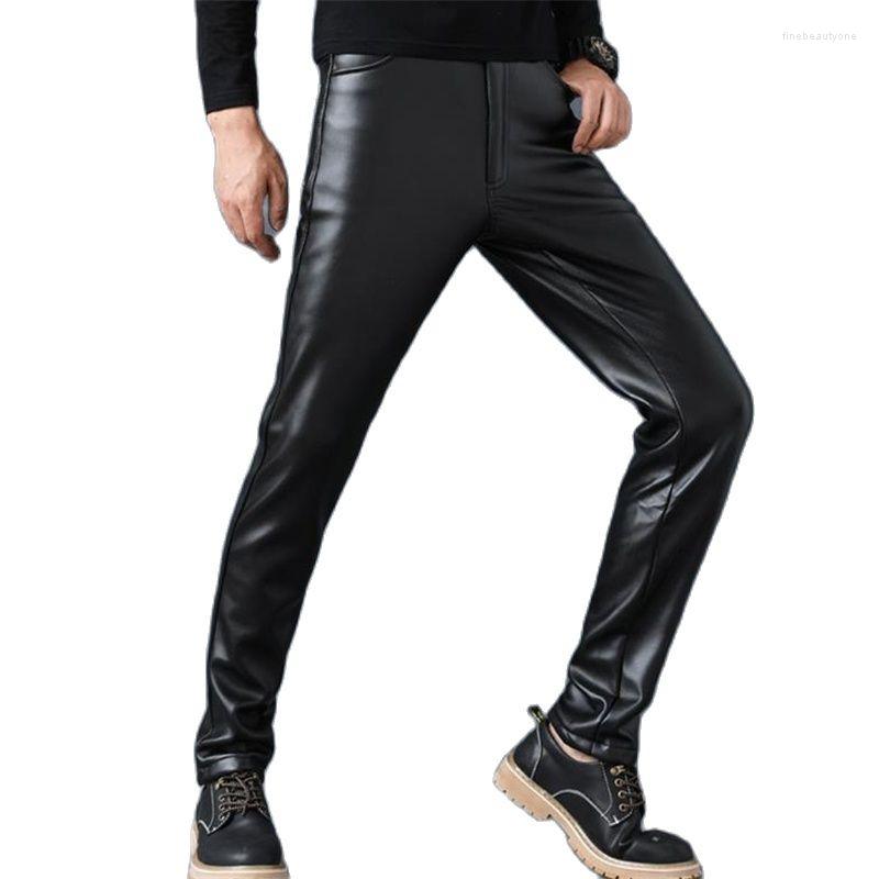 

Men's Pants Male Thick Skinny Pu Pantalons Capris Man Leather Velvet Slim Trousers Warm Mid Elastic Motorcycle Pant, Thin velvet