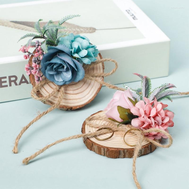 

Jewelry Pouches Simulation Flowers Retro Wood Ring Pillow Log Creative Rope Flower Bow Holder For Wedding Ceremony