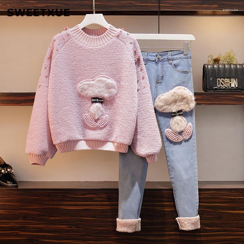 

Women's Two Piece Pants SWEETXUE Korean Women 2 Pieces Set Winter Fashion Embroidery Cartoon Sweater Jeans Casual Beaded Lamb Hair Suit Plus, Pink 2 piece set