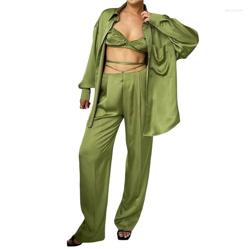 

Women's Two Piece Pants Women 3PCS Set Plain Long Sleeve Button Lapel Blouse Sling Bra Style Camisole Straps Waistband Loose Outfit, Orange