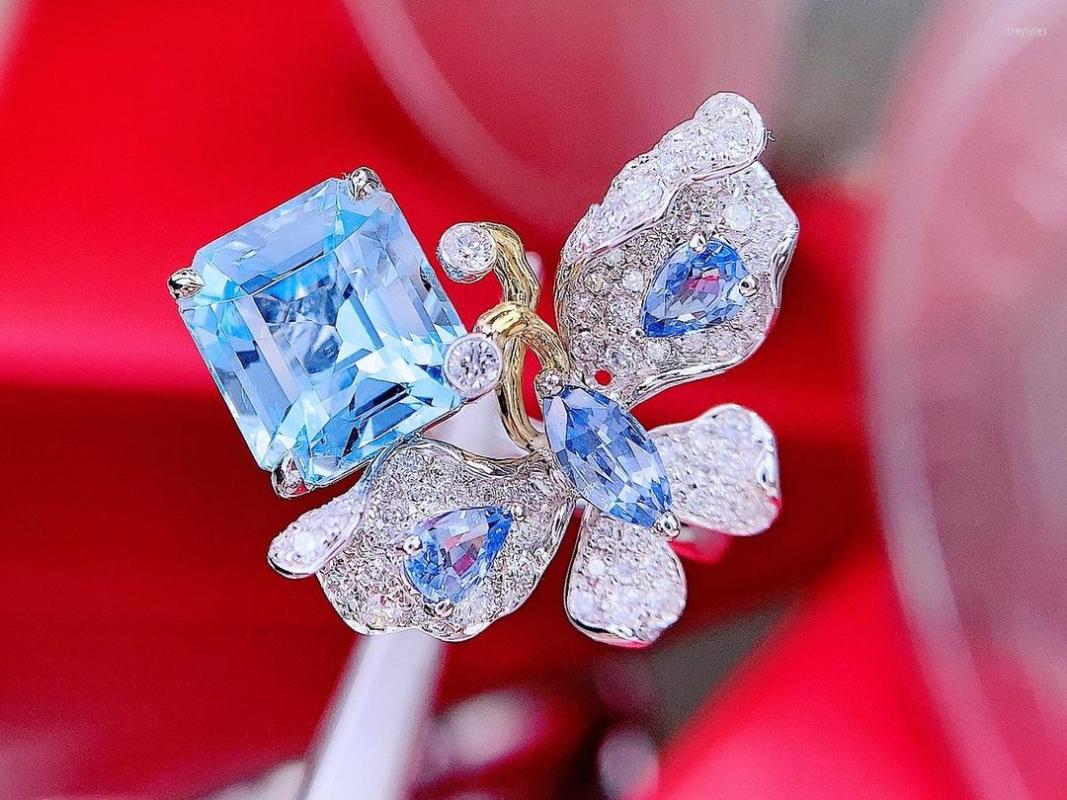 

Cluster Rings HJY Aquamarine Ring Fine Jewelry Pure 18K Gold Natural 3.23ct Blue Gemstones For Women Birthday Presents