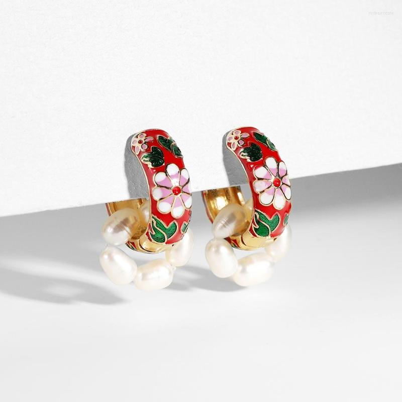 

Dangle Earrings Boho Enamel Flower Round For Women Trendy Huggie Statement Circle Pearl Party Jewelry Gift