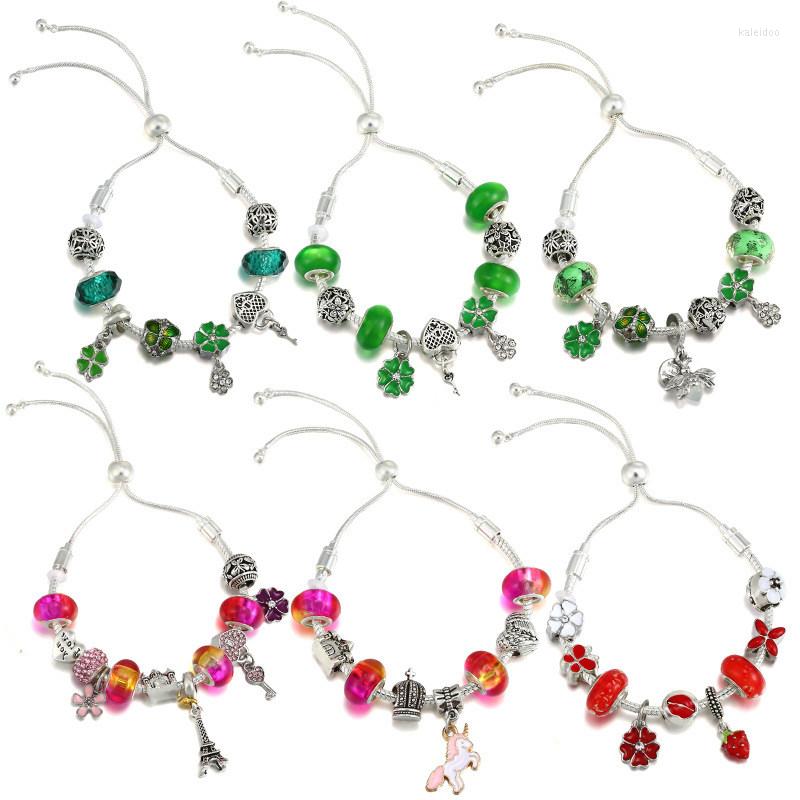 

Charm Bracelets Pan Brand Adjustable Pulsera Men DIY Pink Green Glass Beads Enamel Heart Lock Key Pony Clover Charms Bracelet For Women