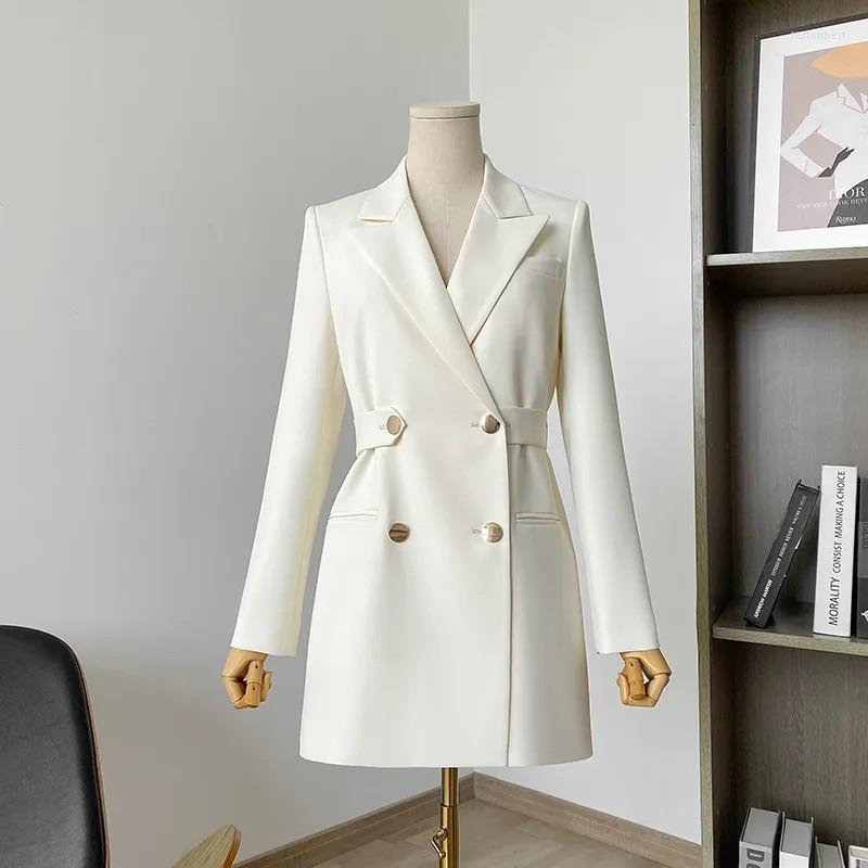 

Women' Suits Long Suit Jacket Women Spring Autumn Waist Double-Breasted Fashion Jackets Black White Blazer Vintage Pocket Coat Female