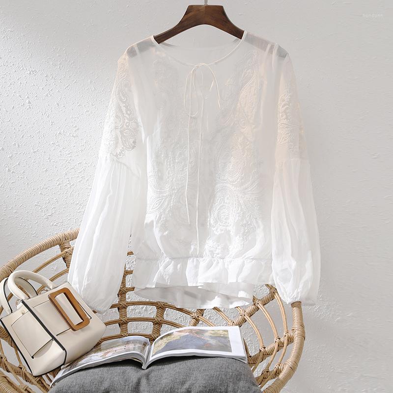 

Women' Blouses 2022 Spring Lace Silk White Shirt Elegant Design Sense With Long-sleeved Top