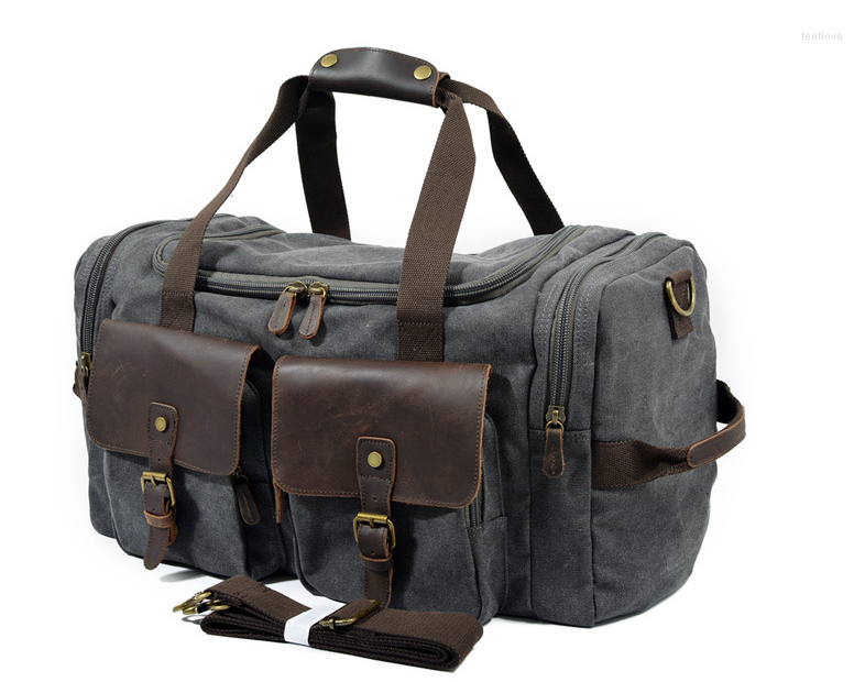 

Duffel Bags Brand Casual Men Cowhide Handbag Style Travel Bag Quality Big Canvas Vintage Traveling Classic Luggage, Dark grey