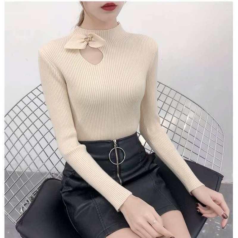 

Women's Sweaters Woman Bow Hollow Sweater Slim-Fit Turtleneck Women's Long-Sleeved Pullover Women, Black