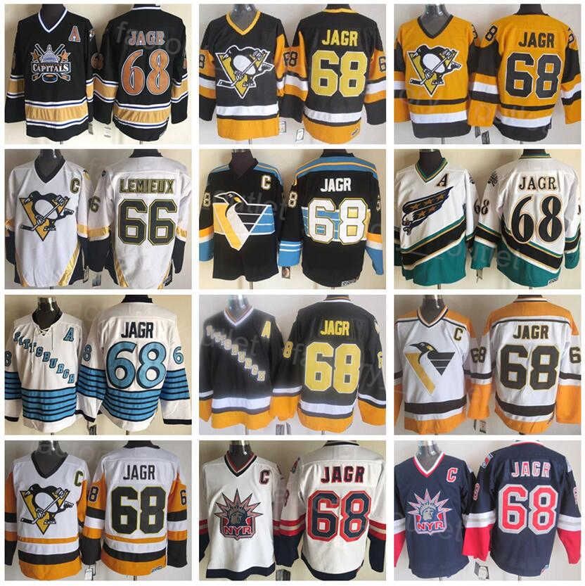 

Pittsburgh Throwback Penguins Retro Hockey 68 Jaromir Jagr Jersey Vintage Classic CCM Black White Blue Yellow Team Color Embroidery For Spor