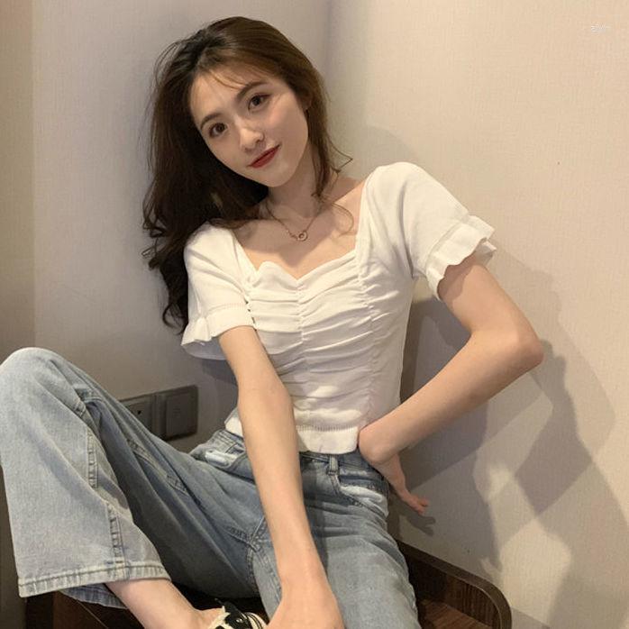 

Women' T Shirts Woman Tshirts 2022 Summer Women' Short Square Collar Top Sleeve Crop Mujer Camisetas, Green