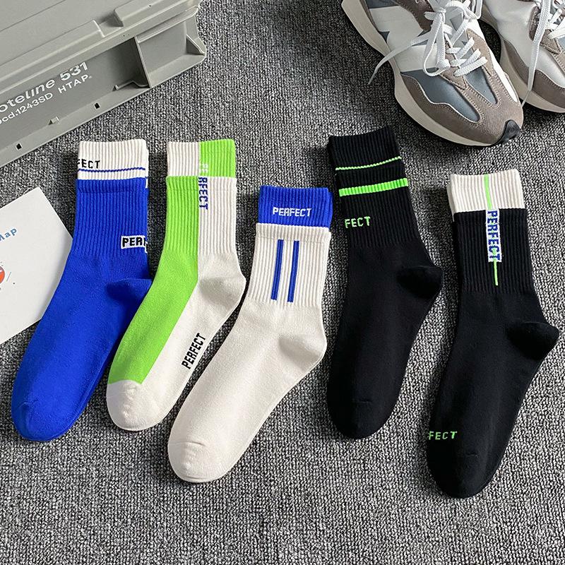 

Men's Socks Blue Men Sport Fashion Letter Stripe Street Hip Hop Skateboard Cotton Breathable Harajuku Calcetines