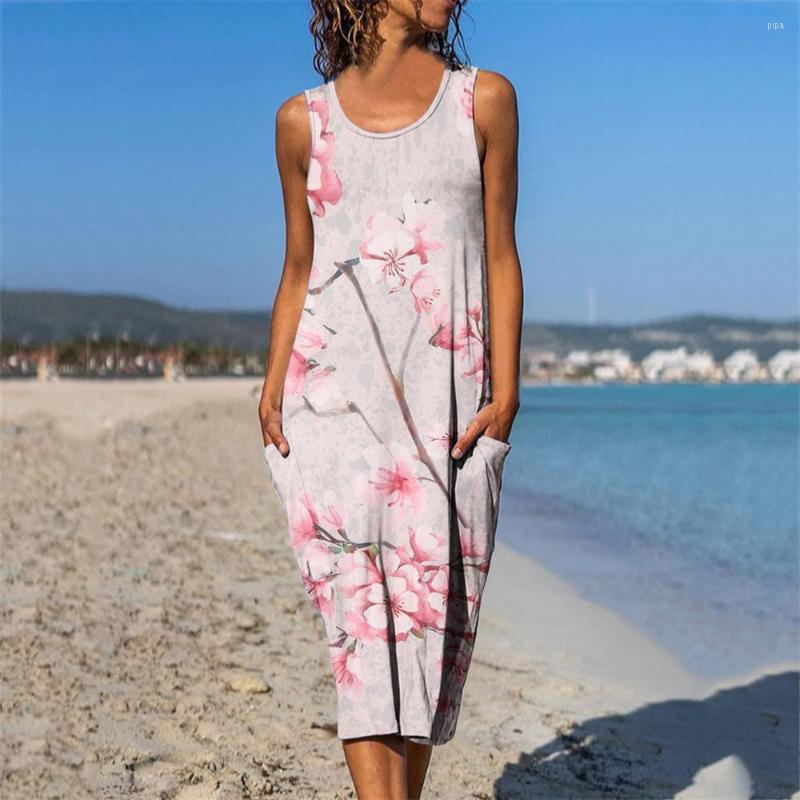 

Casual Dresses Women Dress 2022 Summer Loose Sleeveless V-Neck High Waist Midi For Female Fashion Elegant Cloth, Blue