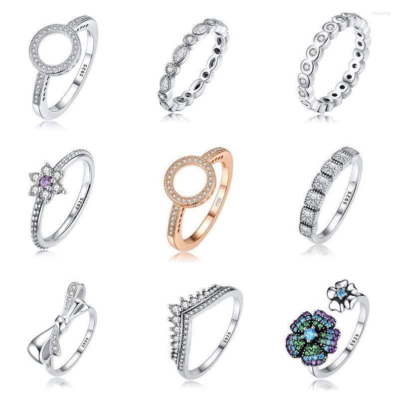 

Cluster Rings 925 Sterling Silver Ring Charms Rose Gold Round Shape Crown Flower Purple Crystal Finger For Women Jewelry