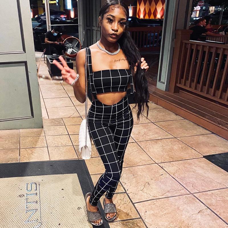 

Women's Two Piece Pants NCLAGEN Fashion Plaid Women Pieces Set Harajuku Tube Top Mini Tank Suspenders Skinny Overalls Casual Tracksuit, Black