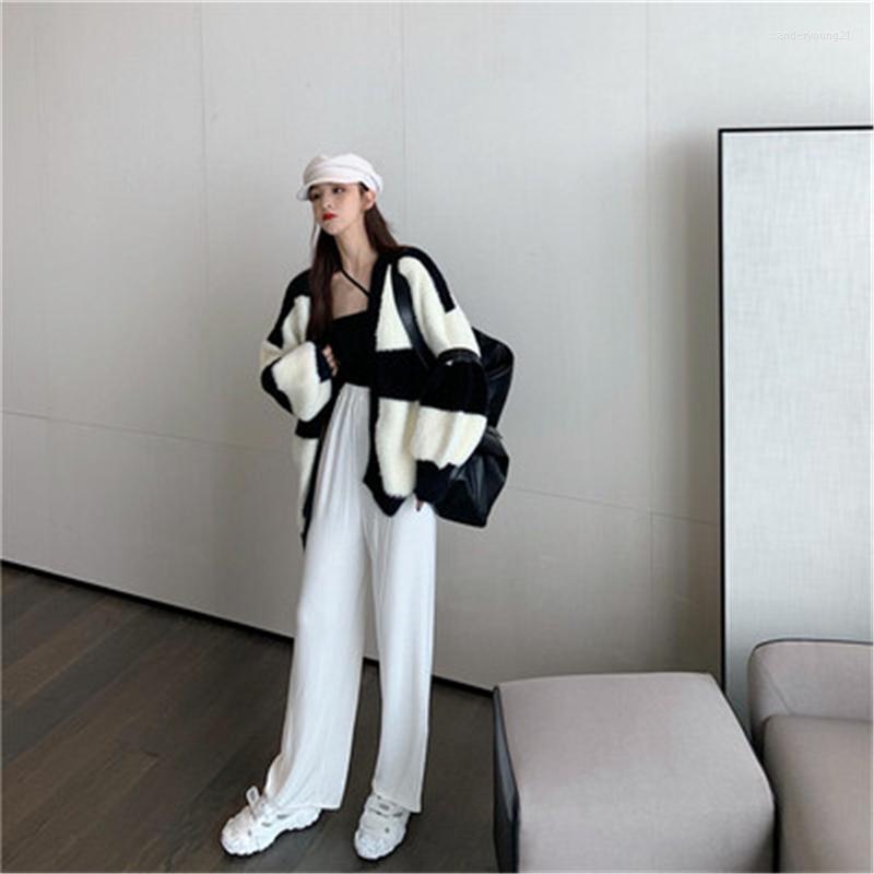 

Women's Knits 2022 Spring Autumn Women's Knitted Sweaters Patchwork Striped Female Cardigans Loose Oversize Lady Jackets Outerwear M96, Black