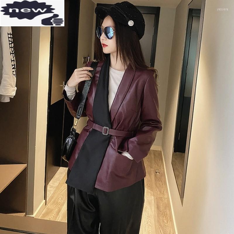 

Women's Leather Designer Patchwork Office Ladies Sheepskin Genuine Blazer Jacket Belted Slim Fit Womens Suits Top Business Outwear Coat, Black