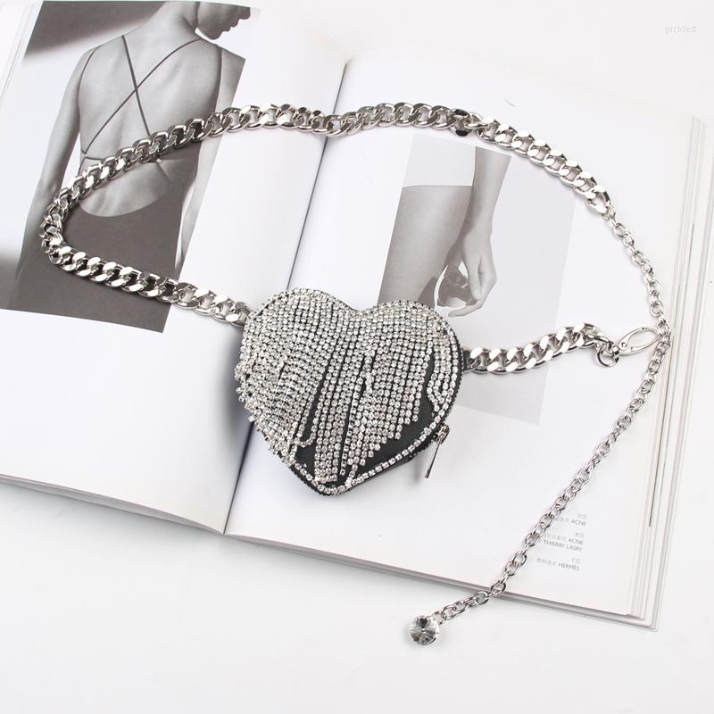 

Belts Luxury Rhinestone Fringe Tassel Circular Heart Shape PU Waist Packs Women Wide Chain Belt With Lipstick Coin Money Bag, Black