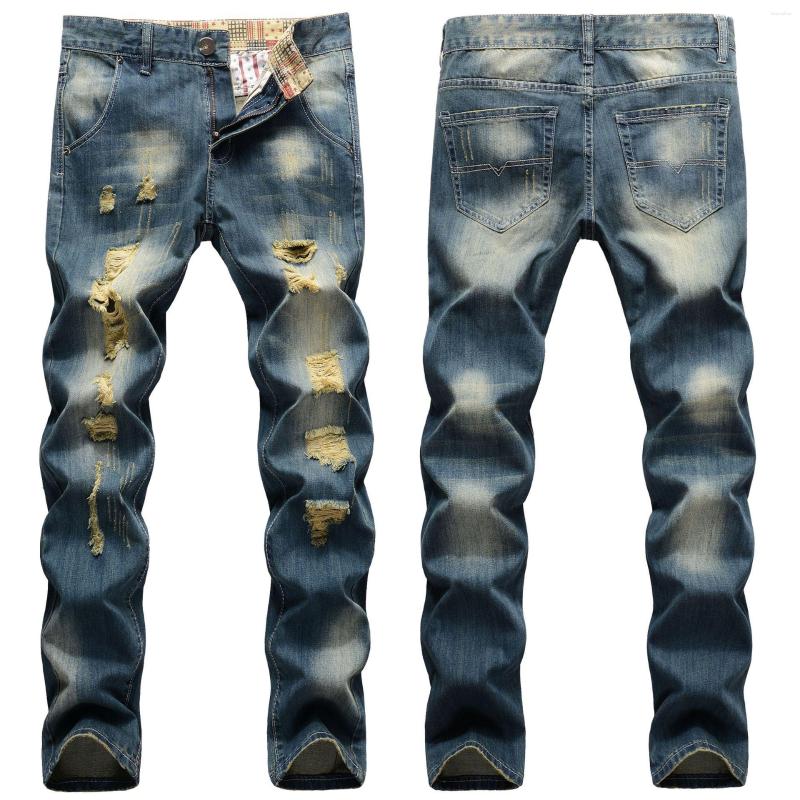 

Men's Pants 2022 Ripped Hole Jeans Men's Slim Straight Large Size -42 Fashion Korean Style Personality Beggar Long Denim Men, Blue