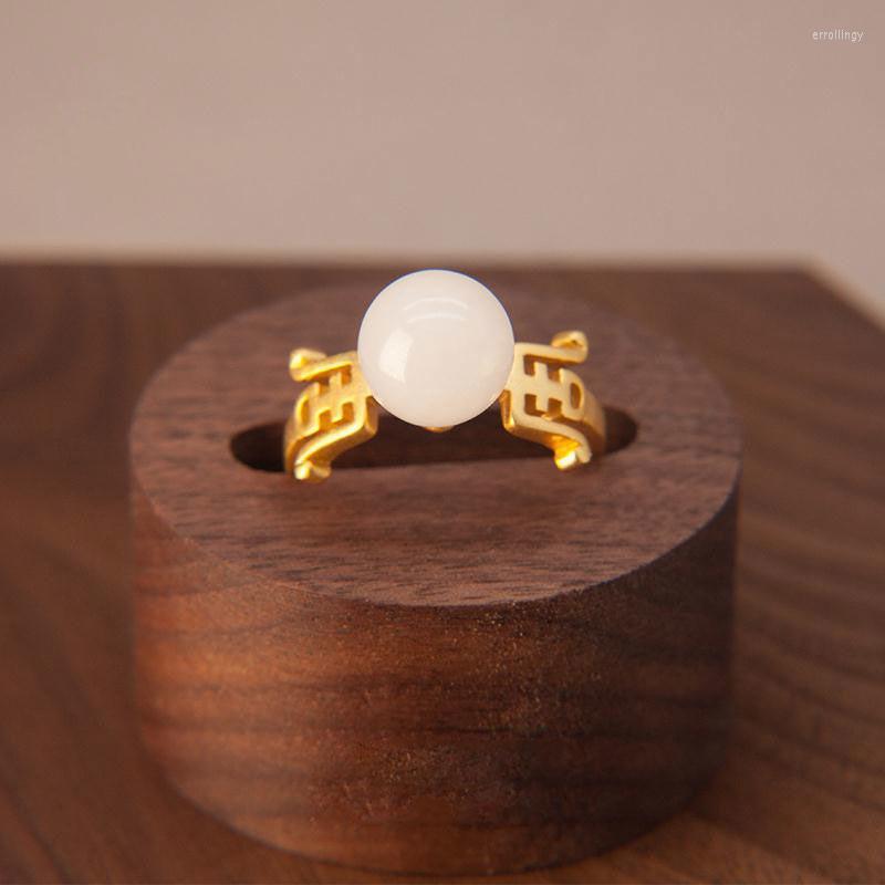 

Cluster Rings Silver Inlaid Natural Hetian White Chalcedony Hollow Chinese Retro Temperament Opening Adjustable Women's Ring