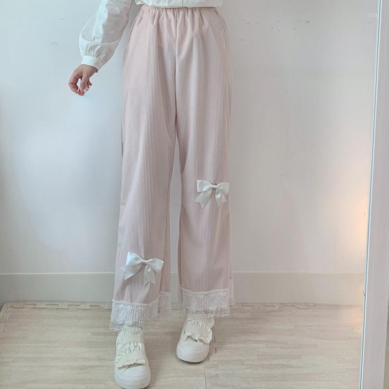 

Women' Pants Japanese Lolita Women' Kawaii High Waist Corduroy Sweet Bow Lace Wide Leg Girly Vintage Clothing Loose Cute Trouser, Black