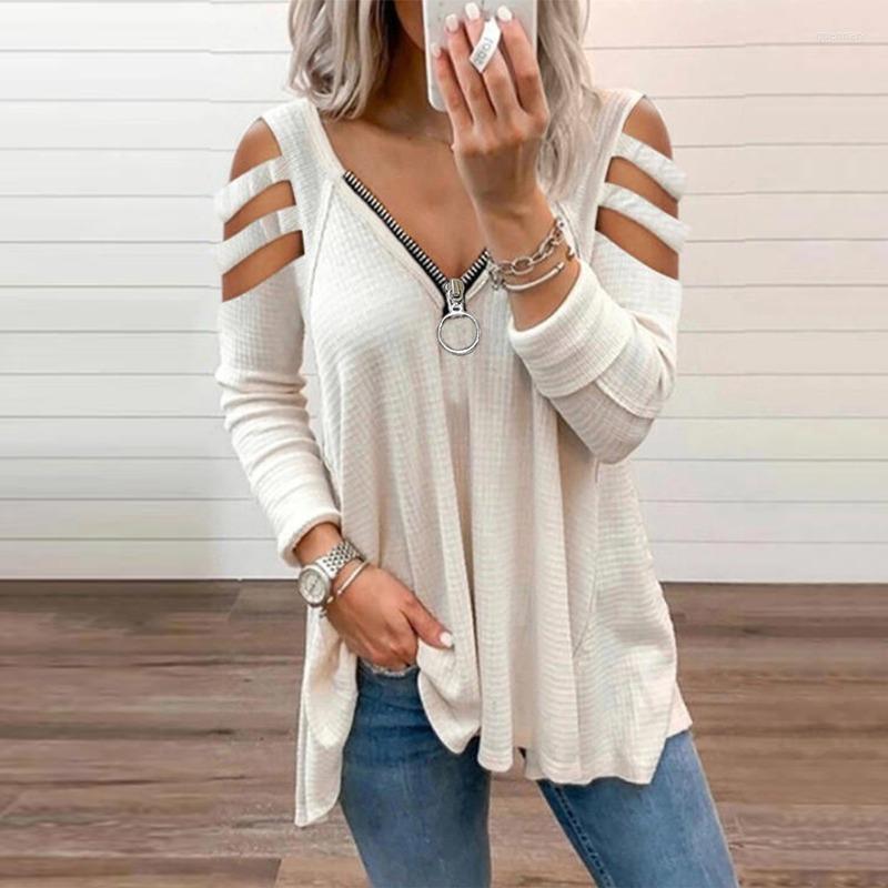 

Women's T Shirts Sexy Deep V-Neck Zipper Tops Women Solid Colors Hollow Out Long Sleeve T-shirts Spring Autumn Fashion Plus Size Casual, Gray