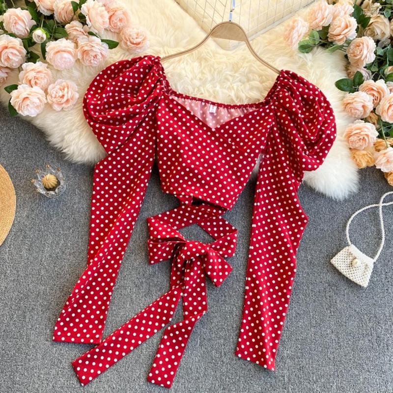 

Women's Blouses Elegant Polka Dot Irregular Drawstring Slim Waist Women's Blouse 2022 Spring Long Sleeve Square Collar Blusas Mujer, Black