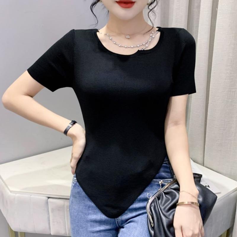 

Women' T Shirts Black Summer Short Shirt Women Sexy Club Asymmetrical O-neck Knitted Cotton Streetwear Tops Tshirt