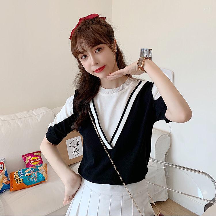 

Women' T Shirts Woman TShirts Summer Pieces Patchwork Short-Sleeved T-shirt Women' Knitted Blouse Crop Top Mujer Camisetas, Black