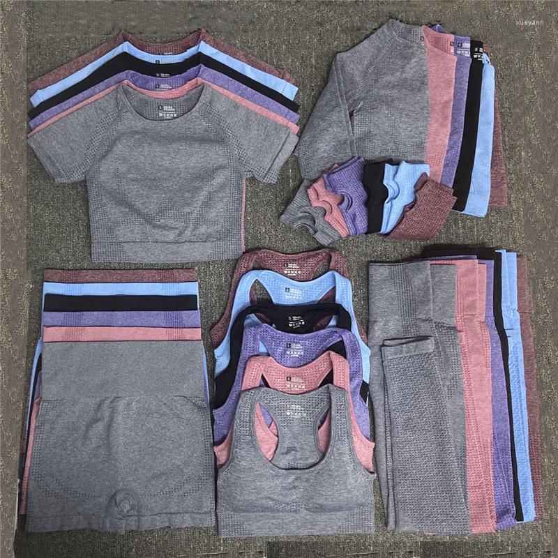 

Active Sets 2/3/5PCS Women Seamless Fitness Yoga Set Woman Gym Clothing Long Sleeve Crop Top Sportswear High Waist Leggings Female Training, Gray 2pcs