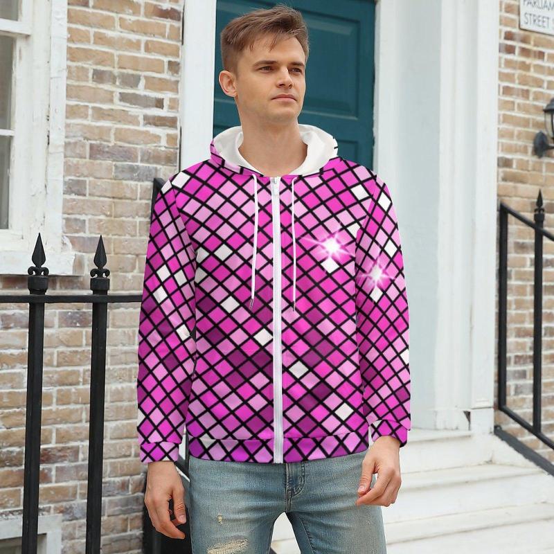 

Men' Hoodies Abstract Disco Ball Pink Mosaic Print Winter Polyester Hoodie Outdoor Zip Up For Men Plus Size, Style-17