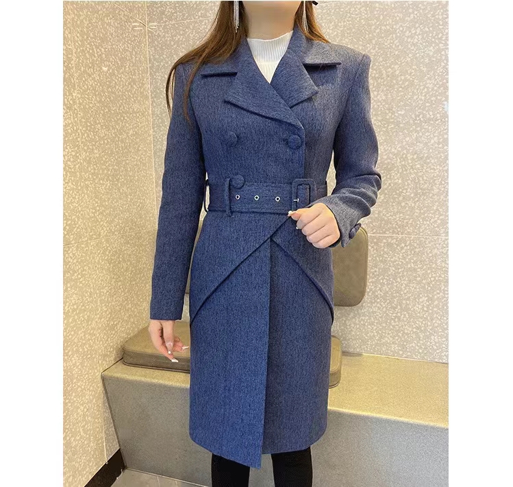 

High-quality double-breasted temperament blue long trench coats with belt, 22150