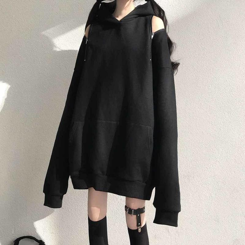 

Women's Hoodies Girl Long Pullover Trend Hollow Zipper Design Hoodie Women Autumn Loose Black Gothic Hooded Sweatshirt