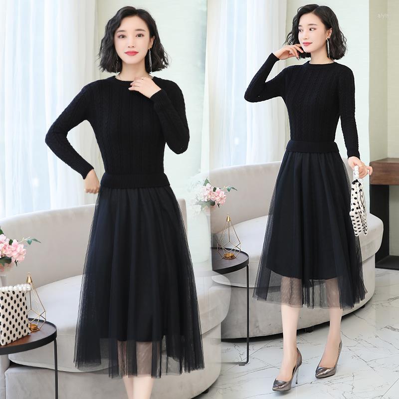 

Casual Dresses Women Spring Autumn Mesh Dress For 2022 Patchwork Skirt Vestido De Mujer Femme Robe, Black