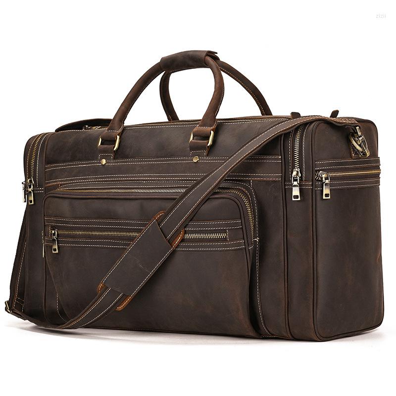 

Duffel Bags Men's Genuine Leather 23 Inch Travel Men Real Cow Skin Overnight Big Hand Luggage Male Business Trip Weekend Bag, Brown