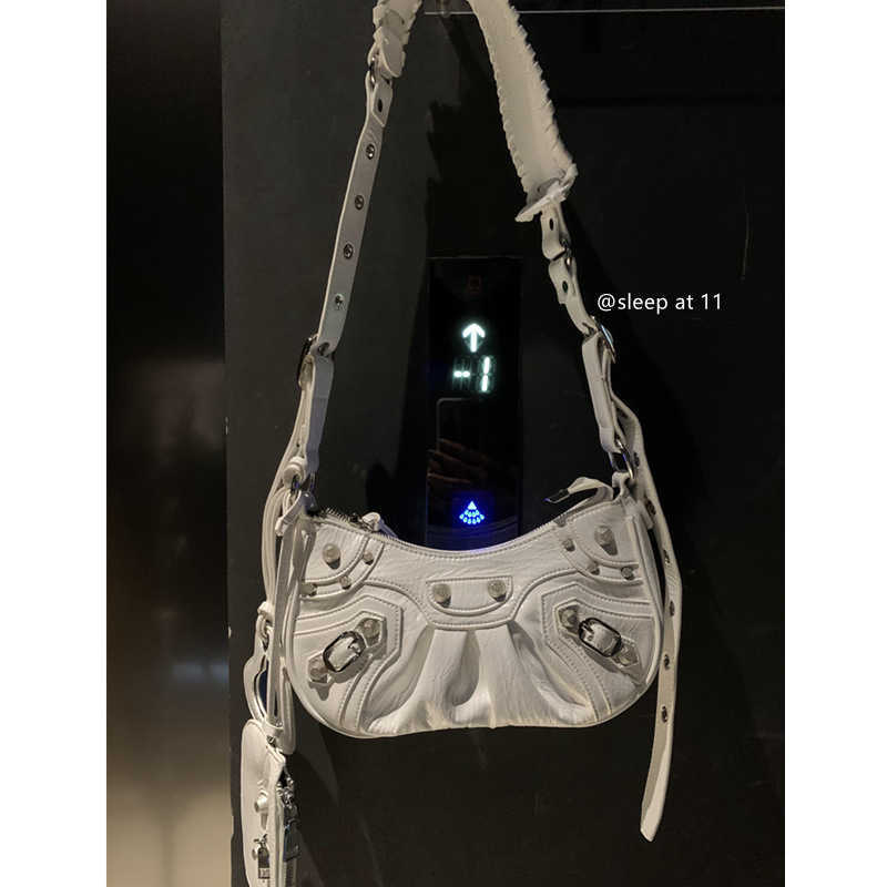 

AHer Max Design leather Balenicass biker bag New autumn and winter single shoulder messenger rivet crescent fashion hand niche design motorcycle dark underarm, White2