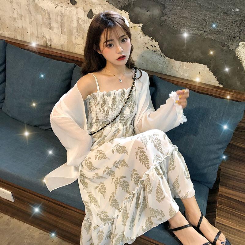 

Casual Dresses Women Dress Summer Women' Loose Chiffon Floral Strap Vestido De Mujer Femme Robe, White