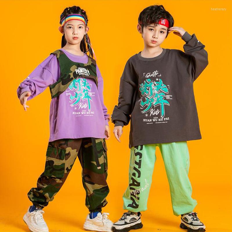 

Stage Wear Kids Kpop Hip Hop Clothing Sweatshirt Tops Streetwear Strap Camo Cargo Pants For Girls Boys Jazz Clothes Dance Costume, Camo pants