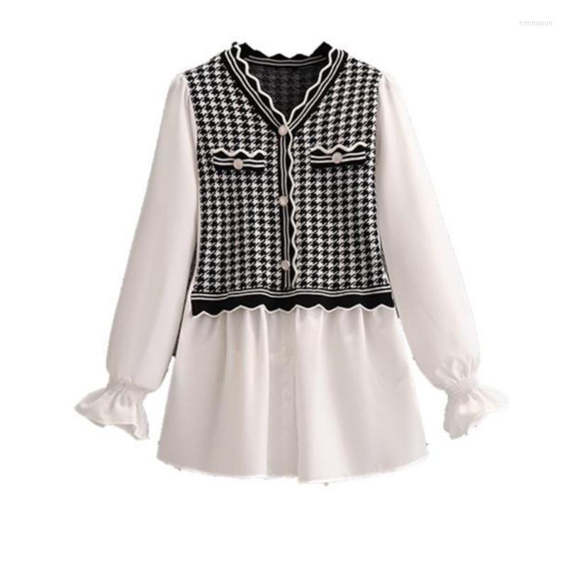 

Women's Sweaters Pullover Knitted Sweater Women Autumn Large Check Stitched Shirt Loose Long Sleeve Casual Vintage Elegant Korean Fashion, Picture color