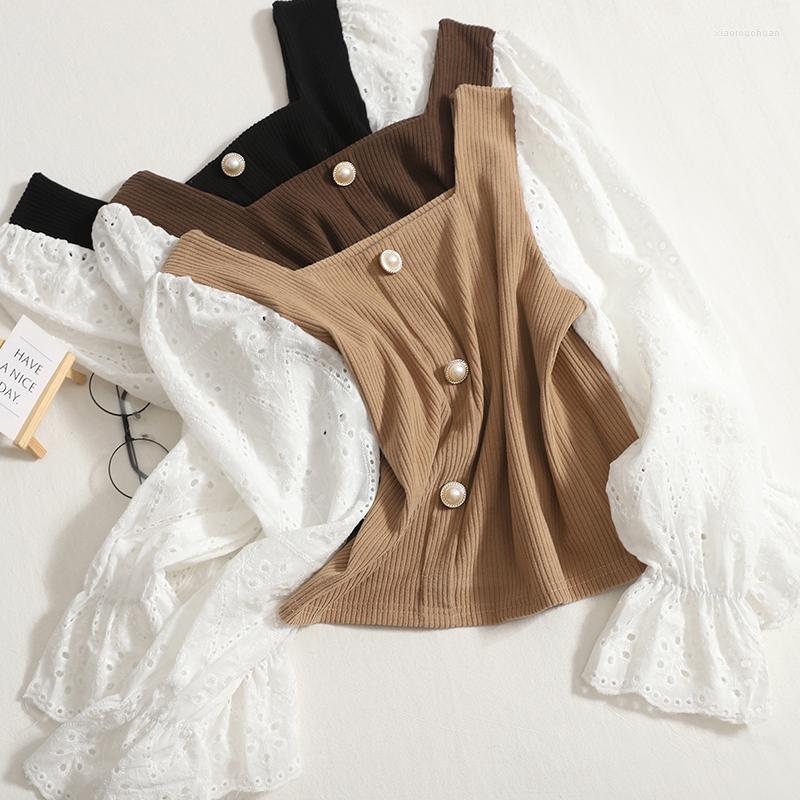 

Women's Blouses Hikigawa Chic Fashion Women Retro Square Collar Versatile Patchwork Knitted Shirts Casual Crochet Long Sleeve Blouse Top, Khaki