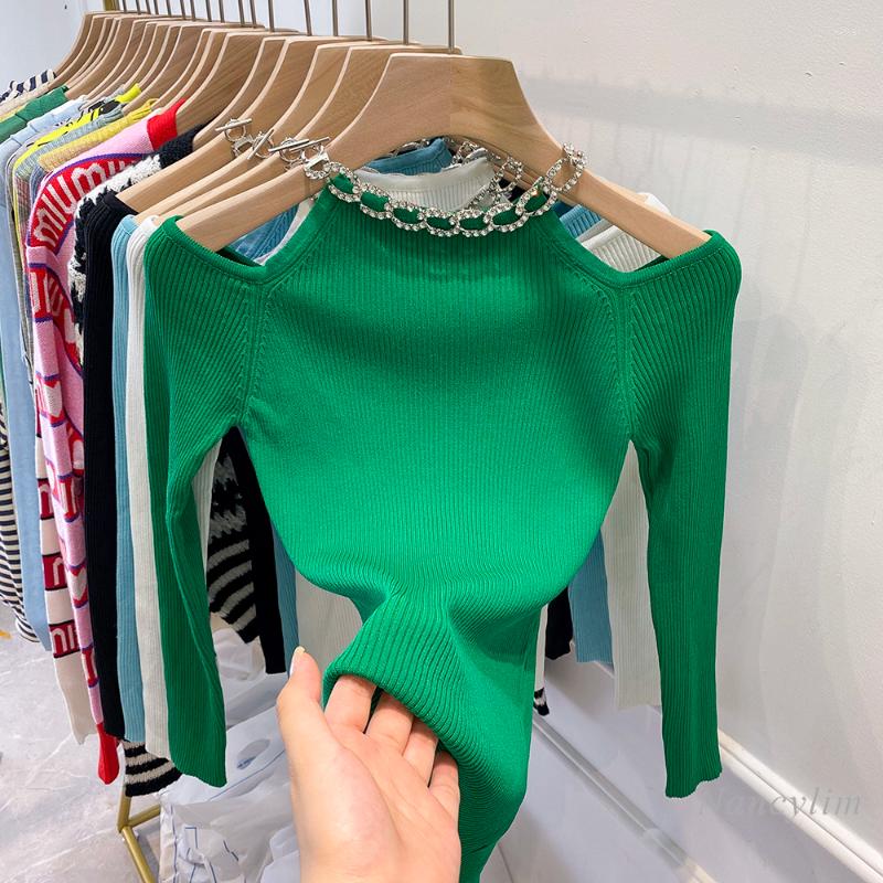 

Women's Sweaters Sexy Off Shoulder Sweater Chain Halter Slim Fit Stretch Tight Pullovers Lady Crop Top Spring Autumn Hollow Long Sleeve Pull, Green