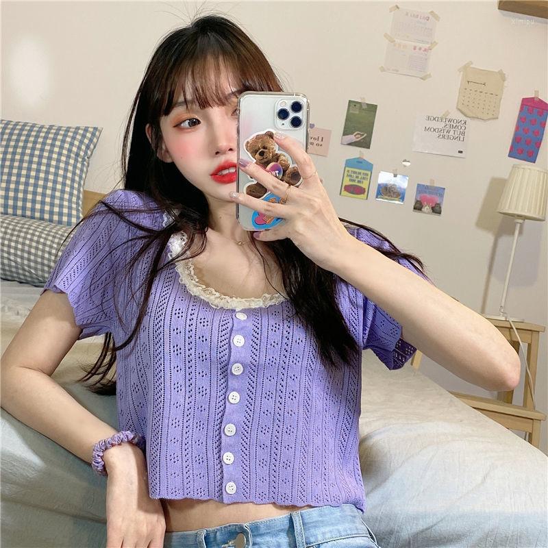 

Women' T Shirts Woman Tshirts Knitted Short Sleeve 2022 Summer Lace Cutout Top Women Crop Mujer Camisetas, Black