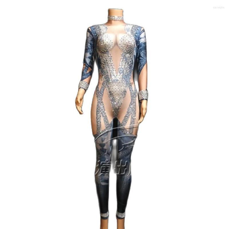 

Stage Wear Denim Pattern Print Sparkly AB Rhinestones Sexy Jumpsuit Women Performance Dance Stretch Birthday Nightclub Party Costume, Blue