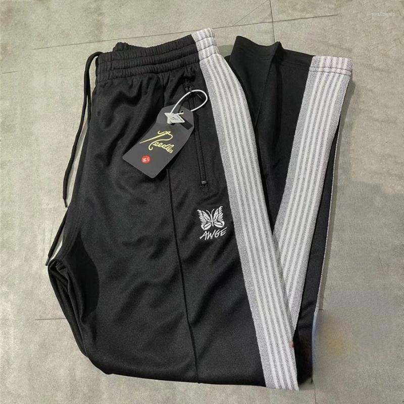 

Men' Pants Silvery White Stripe Needles 2022 Men Women AWGE Butterfly Embroidered Logo Track Trousers