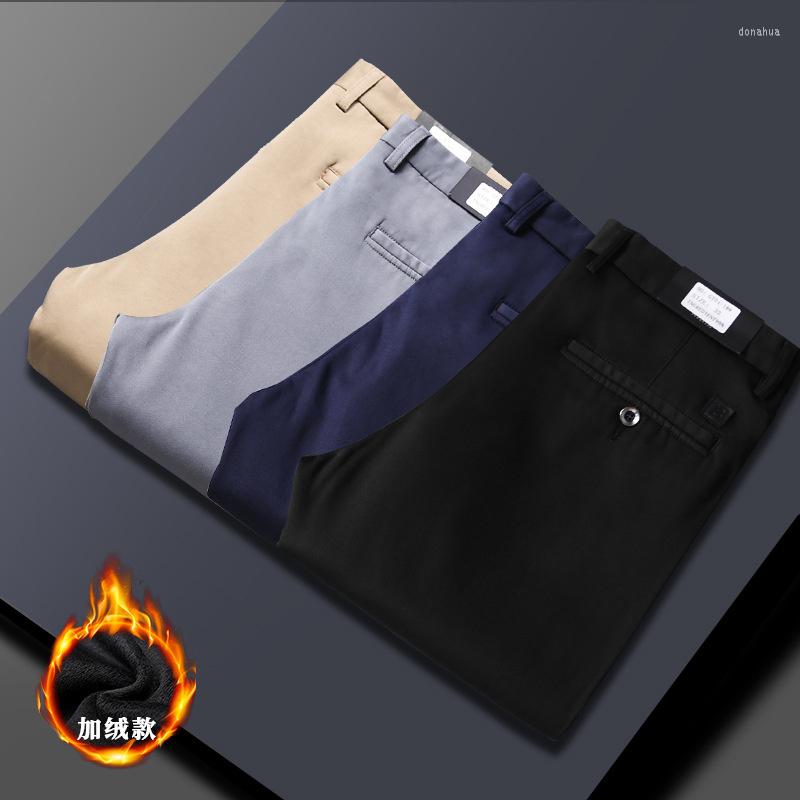 

Men's Pants Black Khaki Casual Men Fleece Warm Office Regular Fit Thicken Straight Flat Winter Suit For Male Trousers, Gt01 khaki