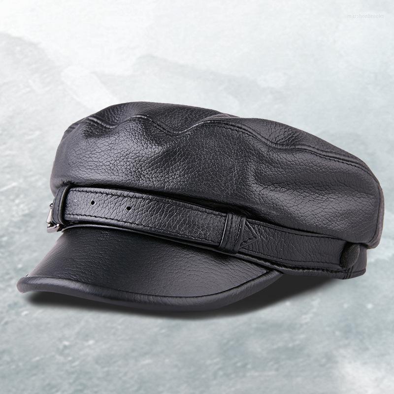 

Berets Men's Women's Casual Leather Visor Hat Spring Autumn Winter Flat Top Cap Young Lady Male High Fashion Leisure Cowhide Hats, Black