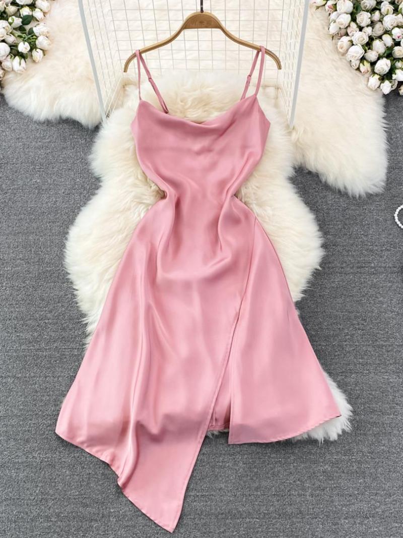 

Casual Dresses Women Satin Slip Dress Summer Spaghetti Strap Sleeveless Party Solid Slim Backless Irregular Split A-line Club Outfits, Black